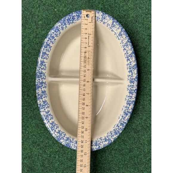 Gerald Henn Workshops Spongeware Oval Divided Dish BLUE Stoneware Roseville - Picture 7 of 8
